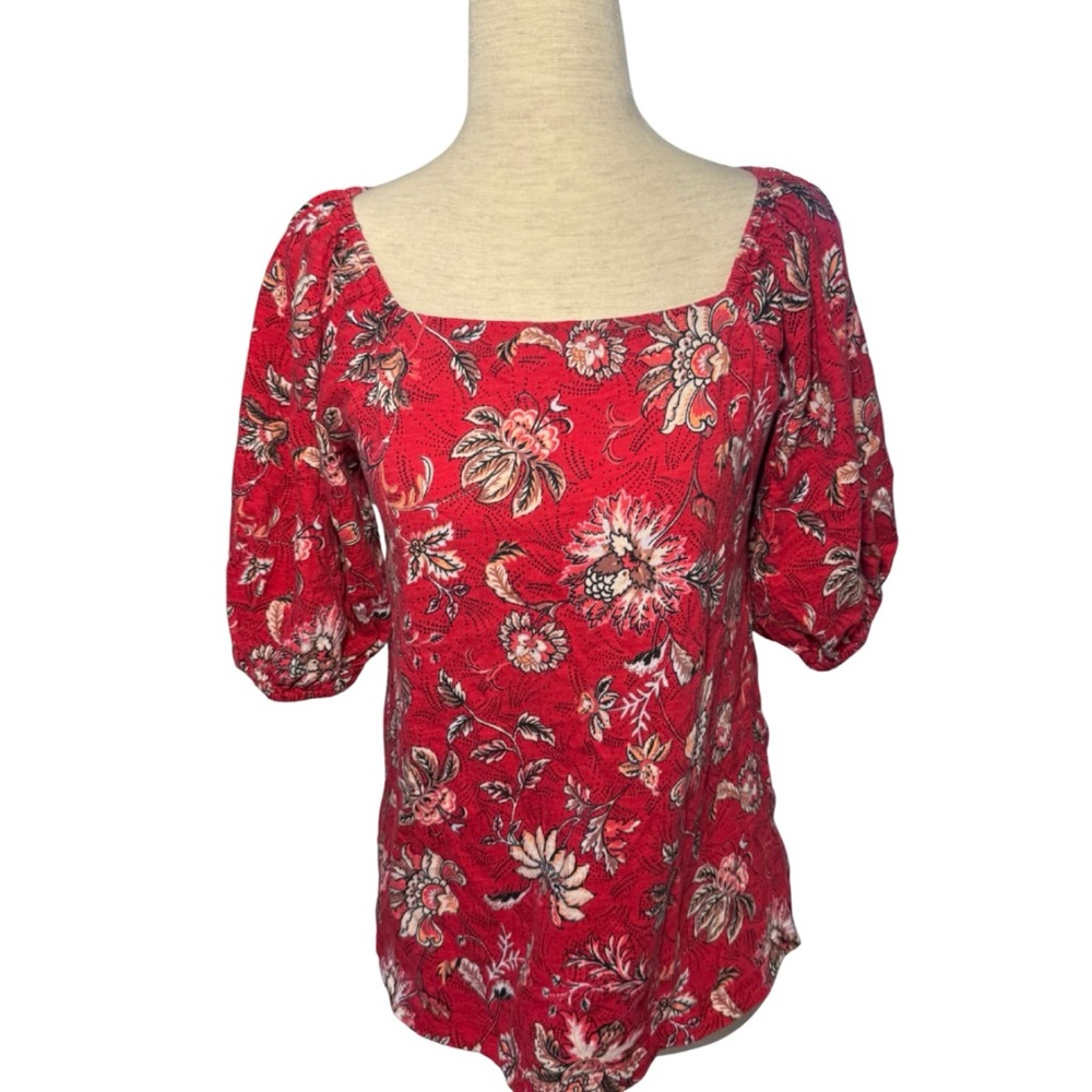Bohemian Puff Sleeves Red Floral Cotton Blouse Sz XS - Picture 1 of 7